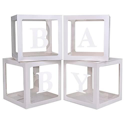 PABUES Baby Boxes with 4 PCS Letters for Baby Shower White Clear Balloon Box Blocks Gender Reveal Decorations and Birthday Party (White)