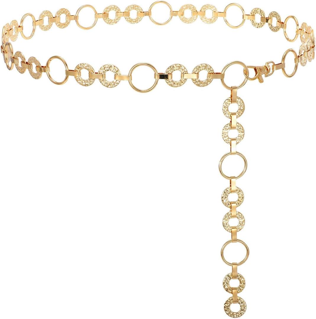 WHIPPY Metal Waist Chain Belt Women Adjustable Body Link Belts Ladies Fashion Chain for Jeans Dress, Gold Round L