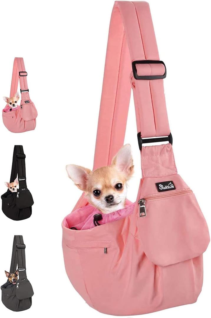 Lukovee Dog Sling Carrier, Hard Bottom Support & Adjustable Soft Padded Shoulder Strap Dog Slings for Small Dogs, Dog Purse with Drawstring Mesh Opening & Zipper Pockets for Puppy Cat Pet (Pink)