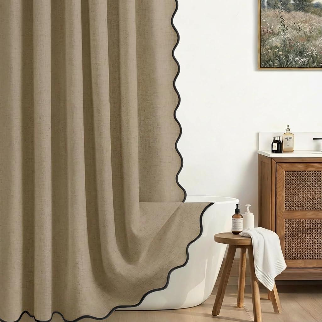 Linen Shower Curtain Khaki Cute Black Scalloped Boho Modern Shower Curtains for Bathroom Set, 72" W x 72" L