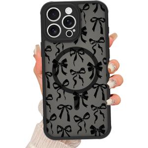 Magnetic for iPhone 15 Pro Case [Compatible with MagSafe] Cute Cool Bowknot Bow Tie Print Pattern Design, Slim Bumper Translucent Matte Protective Cover for Women Girls, Black