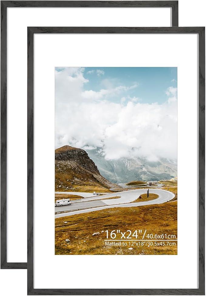 ENGLORY 16x24 Black Oak Wood Picture Frame - 16"x24" Poster Frame, 16x24 Picture Frame With 12x18 Mat Natural Solid Wooden Picture Frames for Wall Art Photo and Prints(2 Pack, Black)