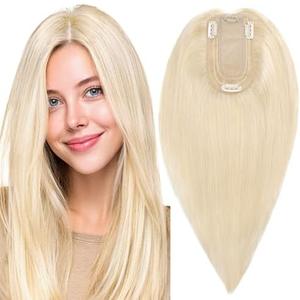 MY-LADY Human Hair Toppers for Women Real Human Hair Thin 7 * 13CM Silk Base with Lace Clip in Remy Hairpieces 150% Density 14 Inch Platinum Blonde