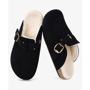 Womens Fur Lined Suede Clogs Mens Fuzzy Leather Mules Cork Footbed Slip On Winter Potato Shoes with Arch Support 43