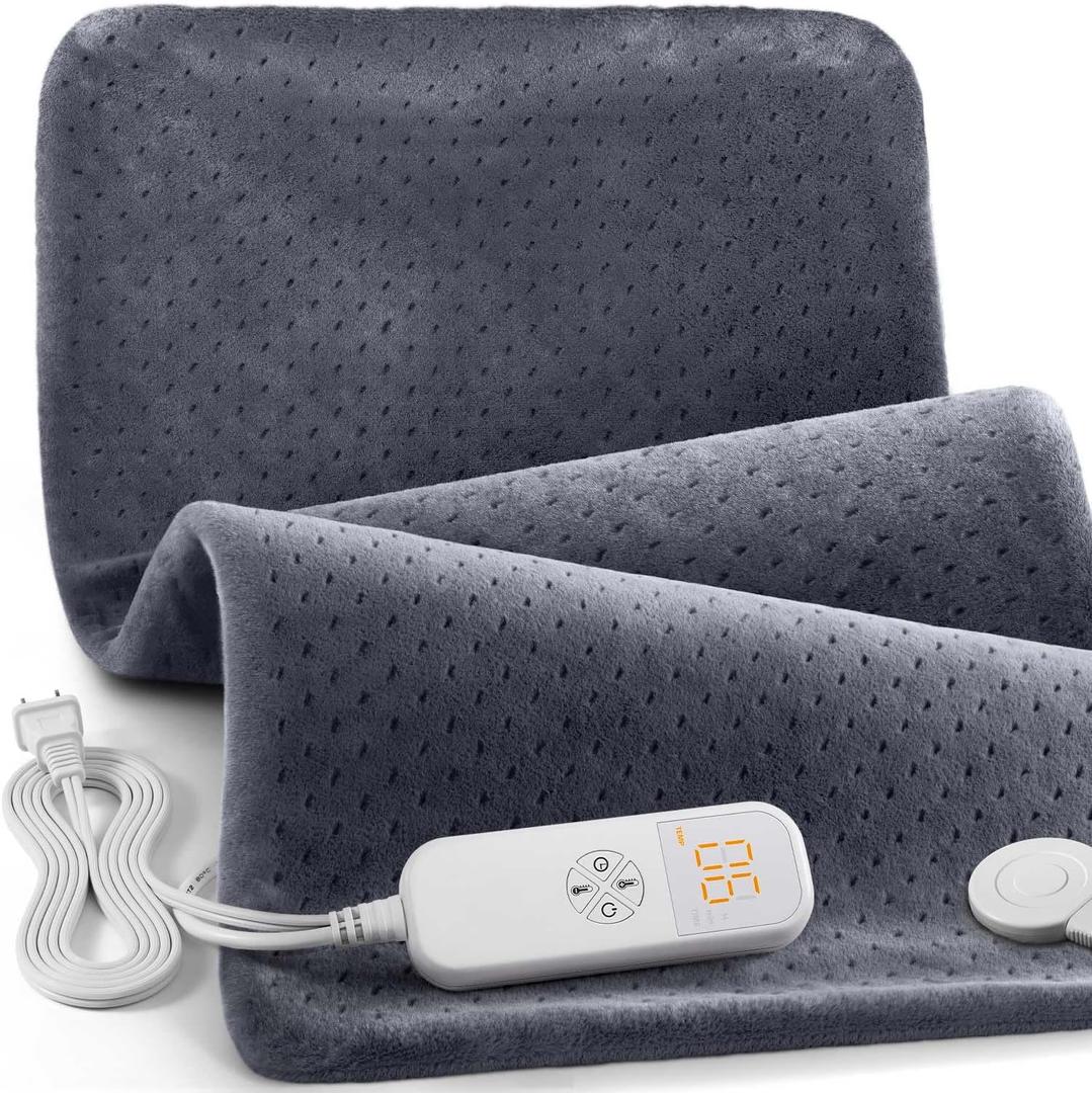Electric Heating Pad for Back Pain & Cramps, 6 Heat Settings, Soft Machine Wash Fabric, Auto-Off & Moist Heat (Gray)