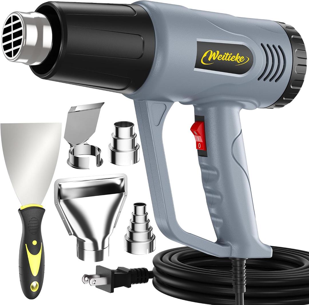 Weitieke Heat Gun, 10Ft power cord Heavy Duty Hot Air Gun 572&1112℉ Dual Temperature Control 4 Nozzels & Paint Scraper Overload Protection for Paint Stripping, Crafting, vinyl wrap