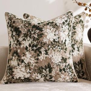 Pack of 2 Vintage Floral Throw Pillow Covers 16x16 Boho Farmhouse Accents Chenille Square Decorative Pillow Cases for Living Room Couch Bed Home Decor, Green and Taupe