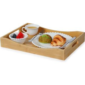 Gobam Bamboo Serving Tray with Handles (16.5-Inch), Solid Decorative Wood Tray for Ottoman Coffee Table, Natural Rectangle Breakfast in Bed Tray for Eating, Food and Drinks Platter