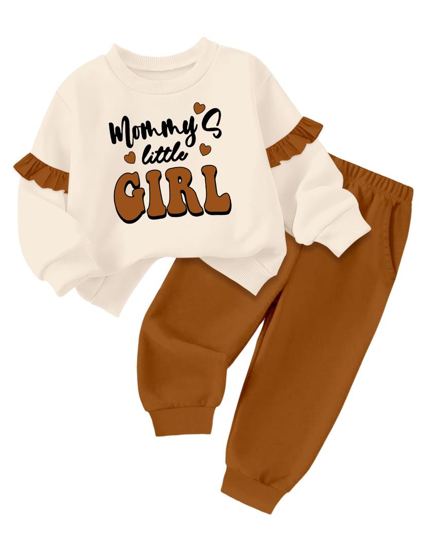 TyeSmo Toddler Girl Clothes 24 18 Months Girl Clothes 18-24 Months Girls Clothing Ruffle Long Sleeve Crewneck 2 Piece Outfits Mommy's Little Girls Printed Sweatshirt Pants Spring Brown