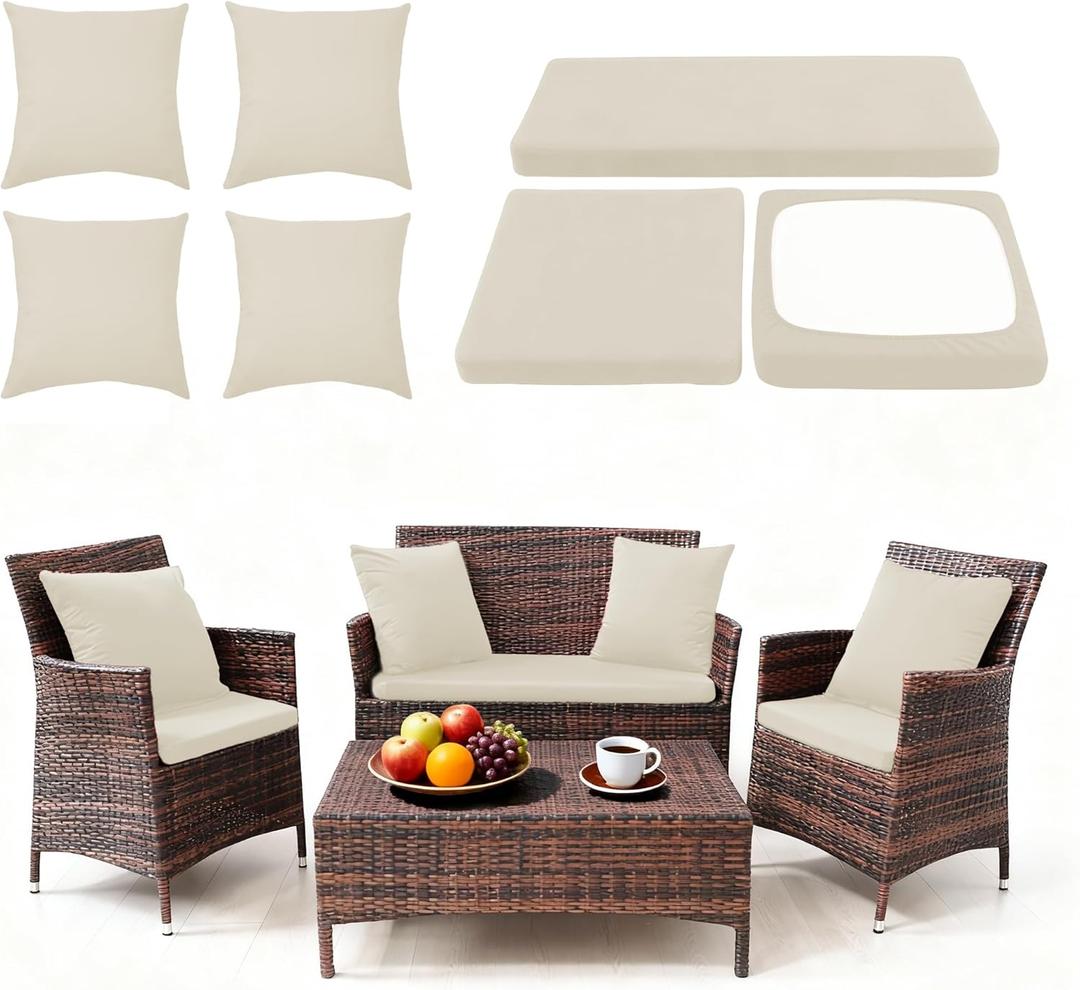 Waterproof 3-Piece Patio Sofa Cushion Cover Set - Replacement Covers for Outdoor Wicker Furniture, Bench & Seat Cushions with 4pcs Throw Pillow Cover (Off-White)