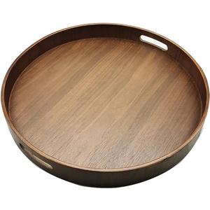 i-lan 16" Large Round Wooden Serving Tray with 2" Sides, Circle Walnut Food Storage Display Platter Plate with Handles,Decorative Wood Tray for Coffee Table,Ottoman,Vanity,Kitchen, Bathroom