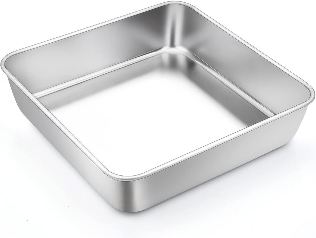 TeamFar Square Cake Pan, 9 Inch Stainless Steel Square Baking Roasting Pan for Cake Brownie Lasagna, Non-Toxic & Heavy Duty, One Piece Design & Smooth, Dishwasher Safe & Easy Clean (Silver)