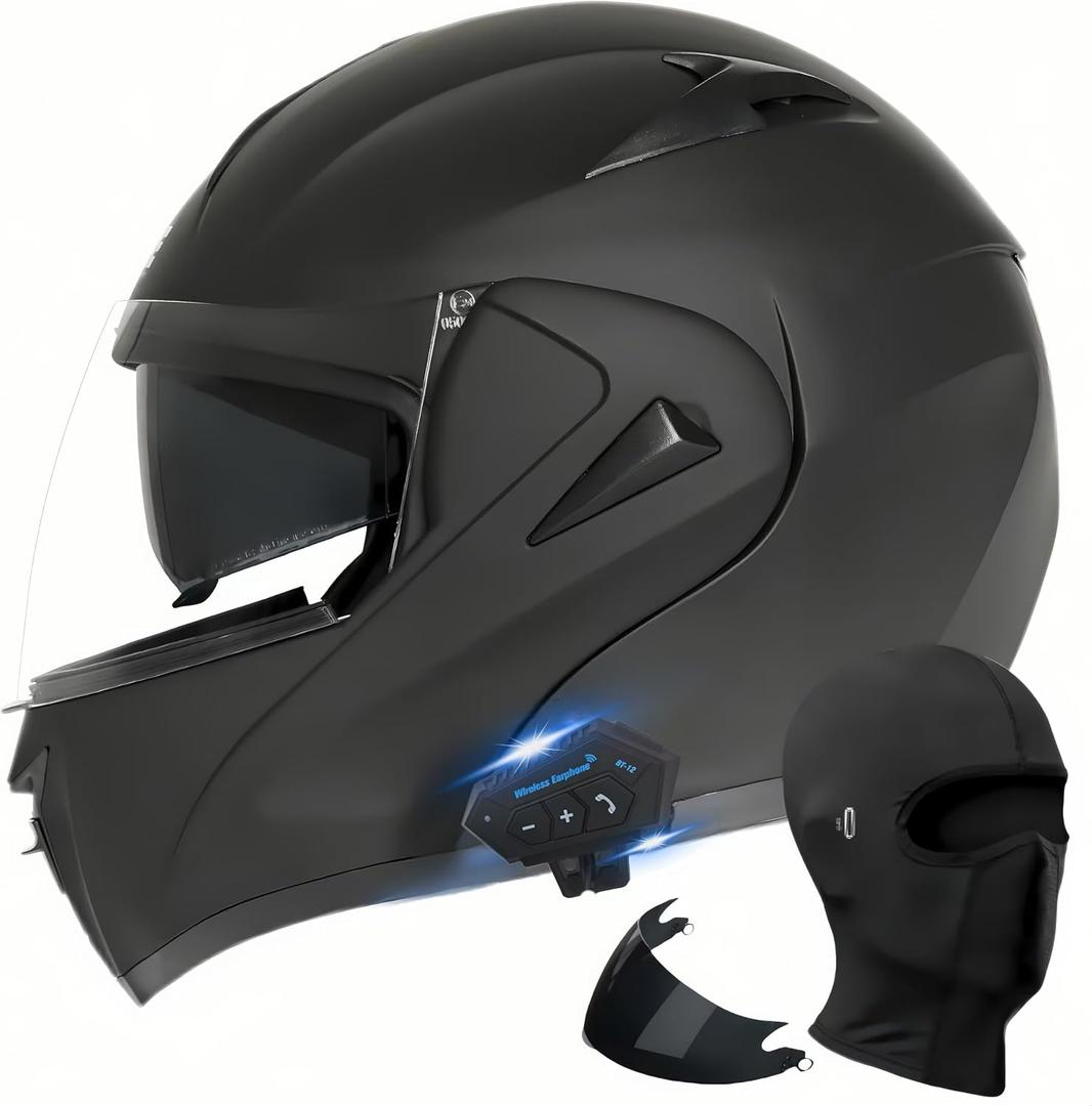 Motorcycle Bluetooth Modular Helmet, DOT Approved Dual Visor Full Face Flip Up Bluetooth Integrated Motorcycle Helmet for Adults Men and Women (Matte Black,Small)