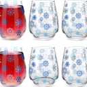 6 Pcs Snowflake Wine Glasses Set 19 oz Winter Stemless Drinking Glasses Blue and White Snowflake Wine Glass Holiday Tumbler Cups for Winter Gifts Coffee Tea Party Supplies