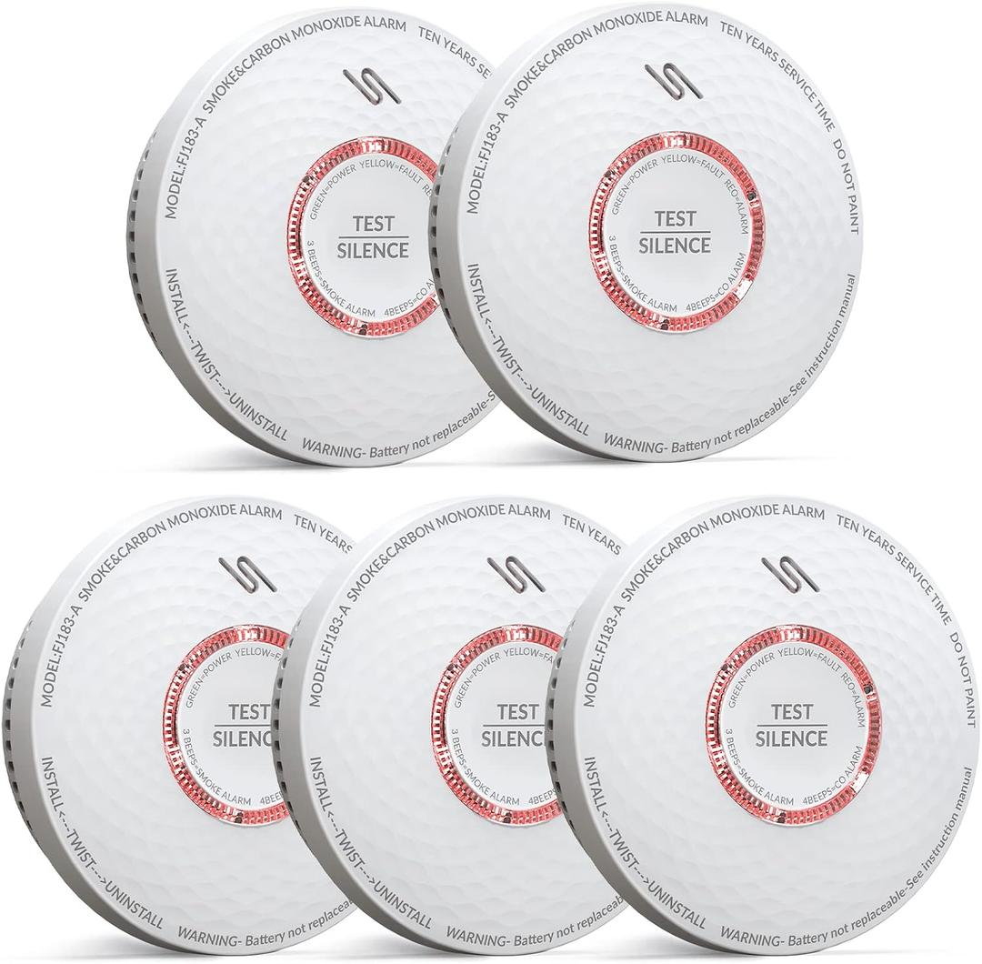 Jemay Smoke and Carbon Monoxide Detector, 10 Year Battery Operated Smoke Detector Carbon Monoxide Detector Combo, Dual Sensor Smoke CO Alarm with LED Indicator and Silence Function, AW183-A, 5 Packs