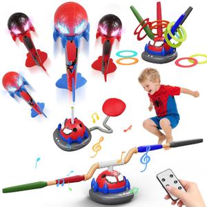 Spider 3-in-1 Rocket Launcher for Kids: 4 Cool Spider Rockets, Ring Toss Game, Musical Jump Toys with Remote Control, Outside Yard Indoor Outdoor Sports Toys for Boys Girls 3 4 5 6 7 8 9 10 Year Old