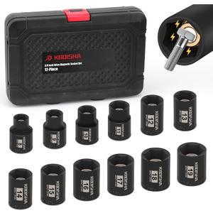 KBOISHA 3/8 Inch Drive Magnetic Socket Set,12-Piece Metric 8mm-19mm CR-MO Impact Socket Set with Heavy Duty Storage Case