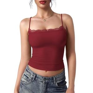 YEOREO Women Lace Cami Y2K Square Neck Double Lined Sexy Strap Tank Top Sleeveless Going Out Party Club Basic Shirt Ankela Red-S