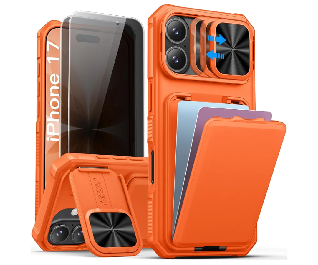 SSLOTSCASE for iPhone 17 Case with 2X Privacy Screen Protector, Hidden Card Holder & Camera Stand & Kickstand & Slide Camera Lens Cover & Wallet, Hard Phone Case Cover for iPhone 17 6.3'', Orange
