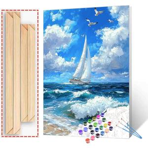 Sailboat at Sea Coastal Paint by Number for Adults, Beginner and Kids , DIY Blue Sky Landscape Painting Acrylic Paint by Number Kits for Kids Adults Beginner for Home Wall Decor(DIY Frame)16x20 inch