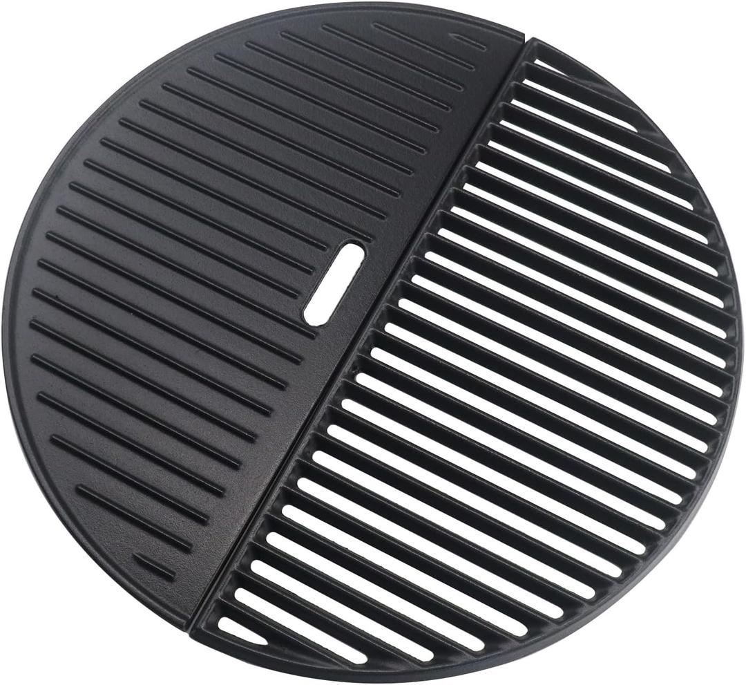 18" Half Moon Cooking Grate and Half Moon Reversible Griddle Replacement for Kamado Joe Classic III II I, Large Big Green Egg Kamado, Cast Iron Grid Grate for Weber Kettle 18" Charcoal Part