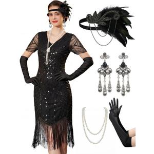 YESSA 1920s Flapper Dresses for Women,Beaded Fringe Great Gatsby Dresses for Women Roaring 20s Costume Harlem Nights Outfits (XX-Large, Black)