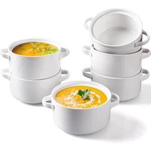 DELLING 6 Pack Soup Bowls with Handles, 24 Oz Large Serving Soup Bowl Set, Ceramic Soup Crocks for French Onion Soup, Cereal, Chilli, Stew, Microwave and Oven Safe, White
