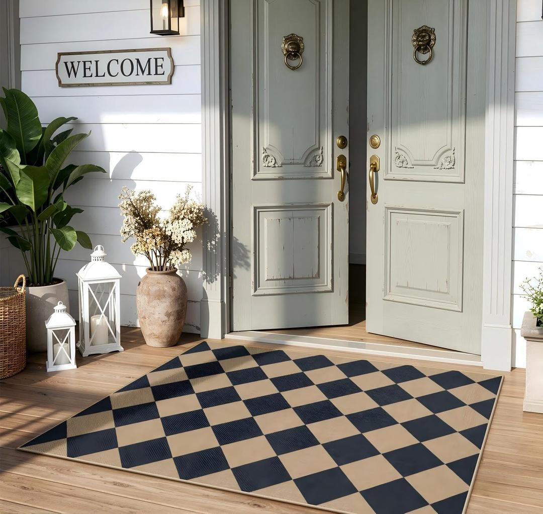 Lahome Colette Checkered Easy Jute 3x5 Outdoor Patio Rug, Washable Rugs for Entryway Diamond Indoor Outdoor Living Room Carpet, Farmhouse Neutral Non Slip Black Door Carpet for Backyard Bedroom (Black/Checkerboard -2)