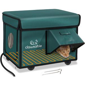 Indestructible Heated Cat House for Outside Cats Winter, 100% Weatherproof, Safe Escape Door, Insulated Outdoor Cat Shelter with Heater for Feral Barn Cat Kitty (Forest Green, 12.6"x16.5"x12.6")
