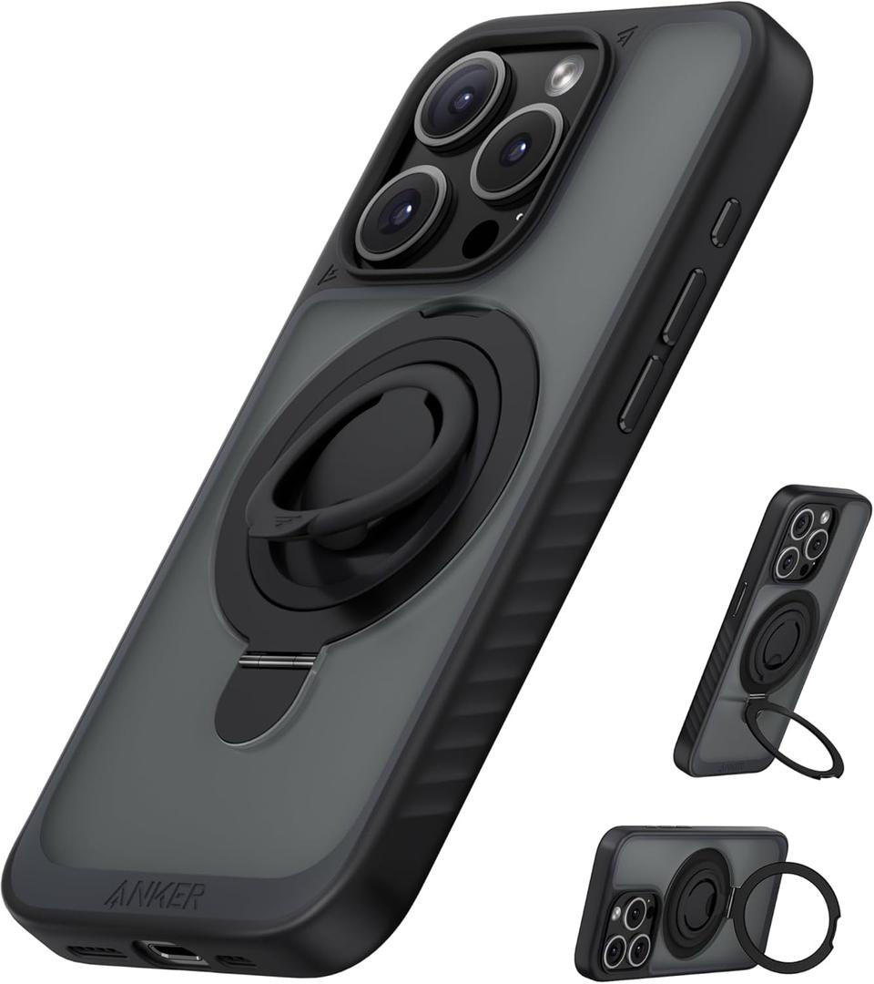 Anker Magnetic Ring Stand for iPhone 15 Pro Case, Silicone Finger Ring Grip Stand Holder, Military Grade Drop Tested, Compatible with MagSafe, Built in Kickstand, Soft Edge Anti-Fingerprint, Black