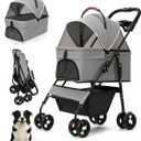 Pet Stroller with Removable Carrier, 35lbs Capacity - One-Click Foldable Dog Stroller, Cat Carrier & All-Terrain Wheels, Compact Travel Pet Stroller for Small to Medium Pets-Gray