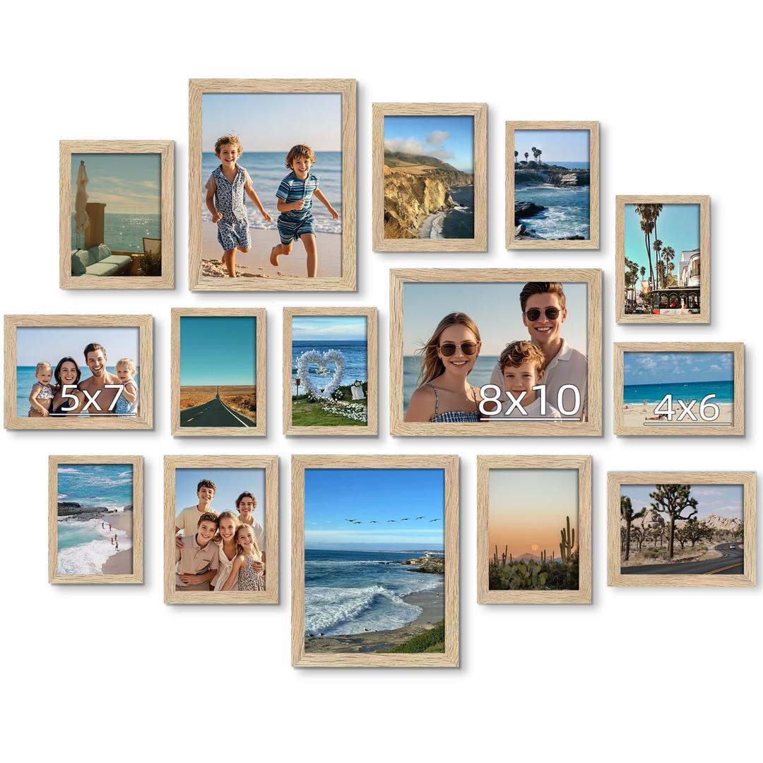 BESCRCL 15 Pack Real Glass Picture Frames Collage Wall Decor, Including 3pcs 8x10, 6pcs 5x7, 6pcs 4x6 Photo Frames for Gallery Wall or Tabletop Display, Natural Woodgrain