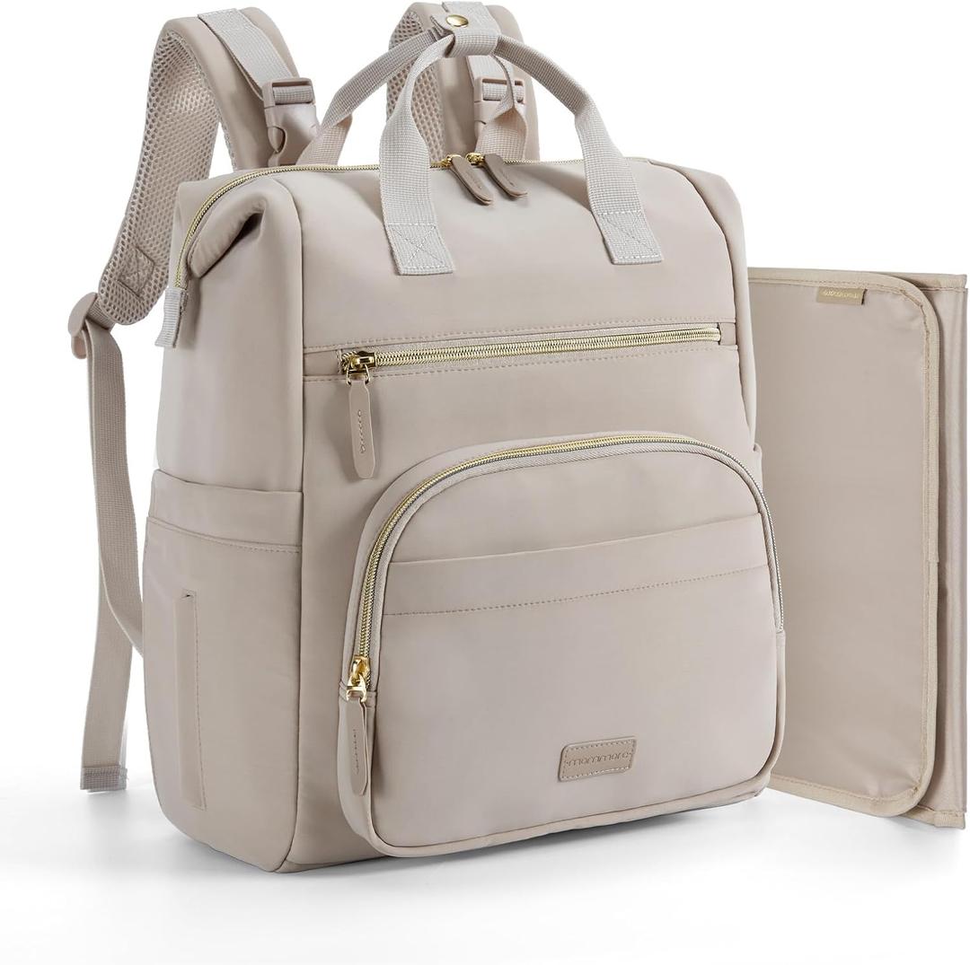 Mommore Neoprene Diaper Bag Backpack Small Lightweight Baby Diaper Bags Water Resistant Diaper Backpack for Boys Girls Newborn with Changing Pad, Stroller Straps (Taupe Mist)