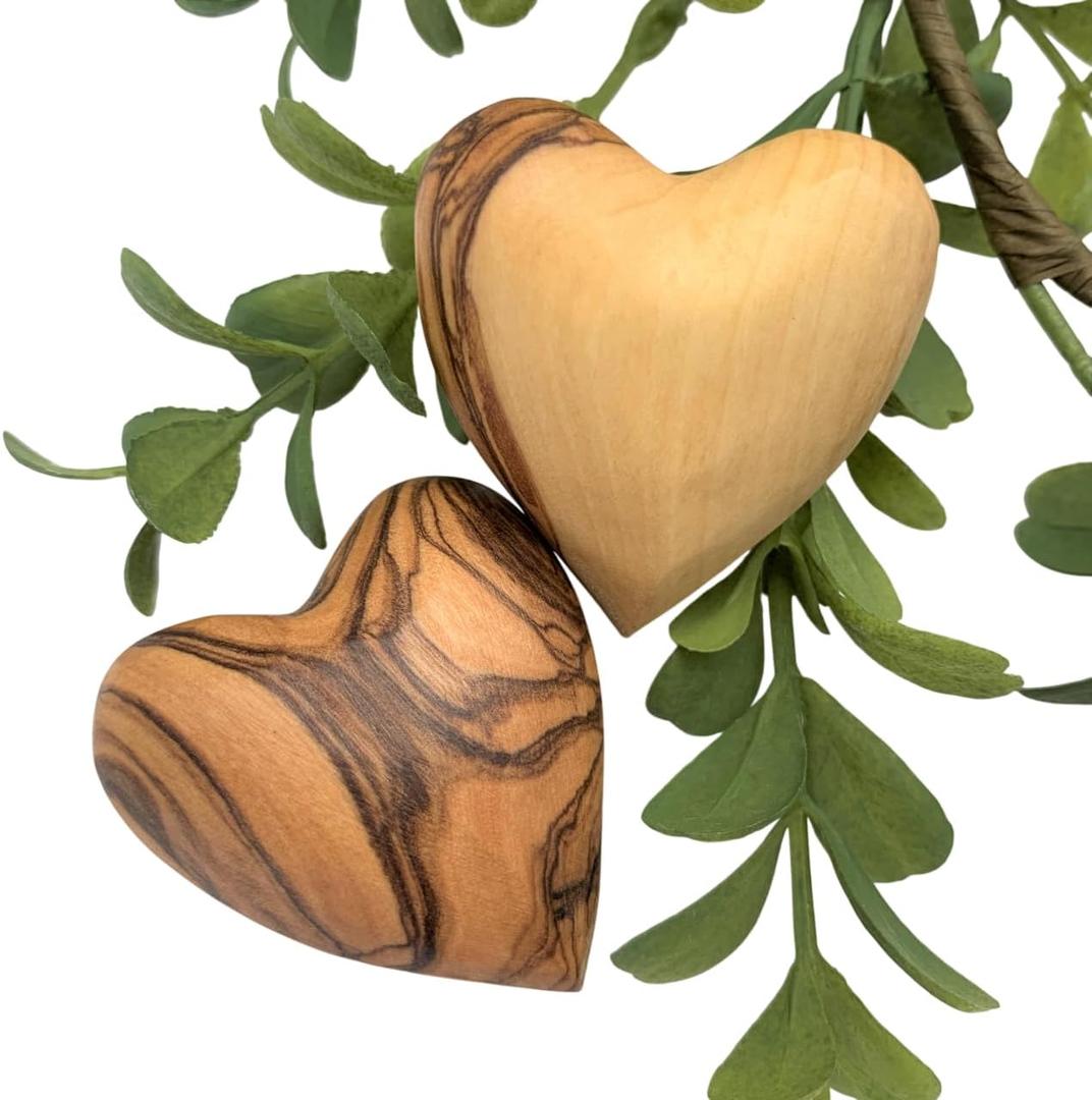 Handmade Wooden Hearts, Set of Two Olive Wood Carved Hearts from the Holy Land, Carved Wood Hearts for Gifts Anniversary Valentine Gift, Loss Love, Wooden Hearts for Wedding, Heart Decor