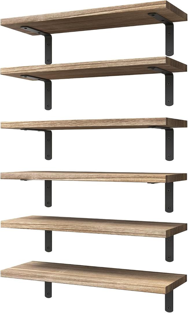 WOPITUES Wood Floating Shelves Set of 6, Shelves for Wall Decor, Farmhouse Shelf for Bedroom, Bathroom Storage Shelves, Book Shelves for Living Room - Rustic Brown, Size: 16.5 Inch