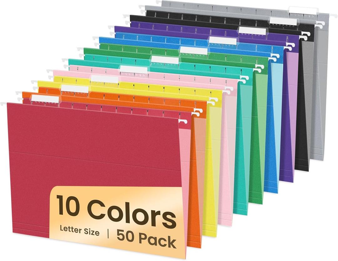 SUNEE Hanging File Folders, 50 Pack Letter Size Hanging File Folders with 1/5-cut Tabs, Stay Organized for Your Home and Office Bulk File, Documents and Paper,10 Assorted Colors SUNEE Hanging File Folders, 50 Pack Letter Size Hanging File Folders with 1/5-cut Tabs, Stay Organized for Your Home and Office Bulk File, Documents and Paper,10 Assorted Colors