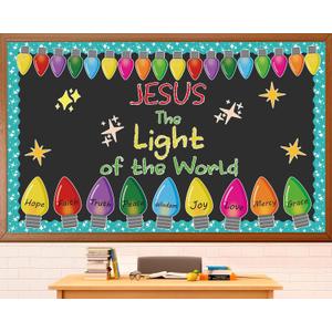 Christmas Bulletin Board Kit Religious Paper Cutouts Winter Christian Faith DIY Craft Set Jesus The Light Of The World Decorations Christian Bulbs Cut-Outs for Classroom Teacher Supplies Library Decor