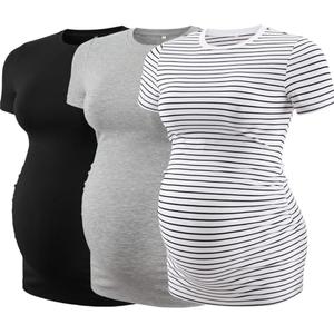 Liu & Qu Womens Maternity Shirts Ribbed Short Sleeve Maternity Tops Casual Crew Neck Side Ruched Pregnancy Clothes 3 Pack, S