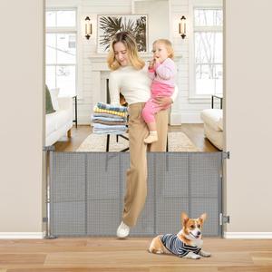 Reinforced 26 Inch Tall Retractable Child Gate to Step Over 55" Wide Small Retractable Baby Gates for Stair Retractable Dog Gate Short Mesh Dog Gate Retractable Toddler Gates for Doorways Doggy Gate (Gray)