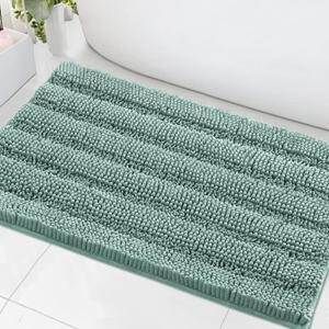 H.VERSAILTEX Bath Mats for Bathroom Non Slip Extra Thick Chenille Striped Bath Rug 24" x 36" Absorbent Non Skid Fluffy Soft Shaggy Rugs Washable Dry Fast Plush Mats for Indoor, Bath Room, Tub - Color: Eggshell Blue