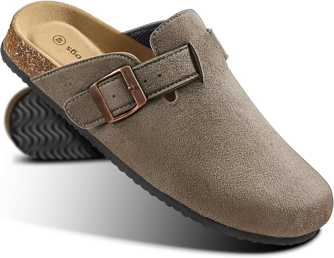 KEMISANT Women Clogs Comfortable Mules Clogs Sandals Slippers Men Women-Suede Upper Cushioned Cork-Footbed (7 Women/5 Men, Taupe4876)