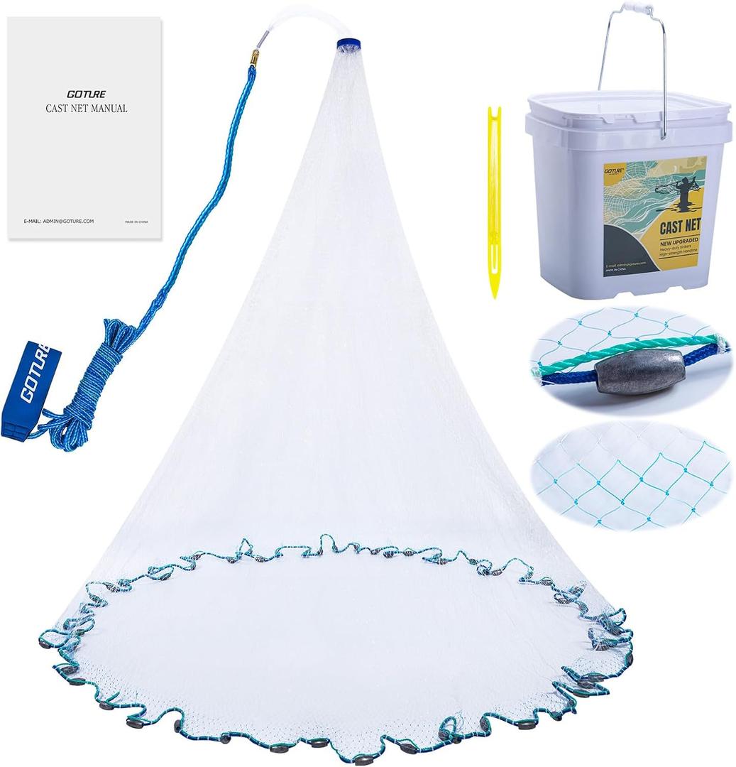 Goture American Fishing Cast Net Saltwater Freshwater, 3/8in Mesh Size Casting Net for Bait Fish Shrimp Trap, Dual Color Double Selvage Add Tape, Throw Cast Nets with Needle