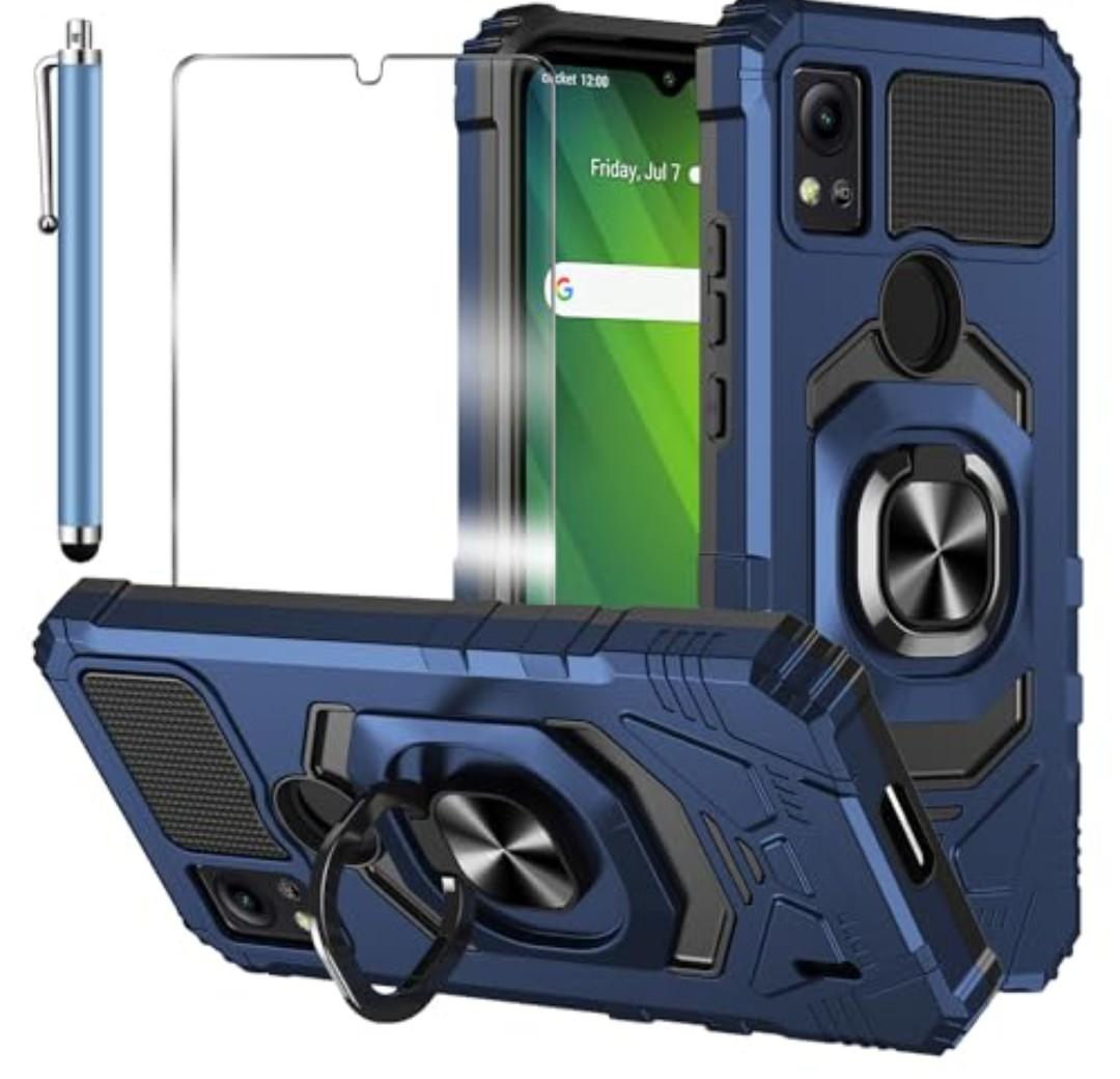 for Cricket Icon 5 Case, with Tempered Glass Screen Protector Heavy Duty Protection Technology Built-in Kickstand Rugged Shockproof Protective Phone Case for Cricket Icon 5, (Blue) 2Pcs