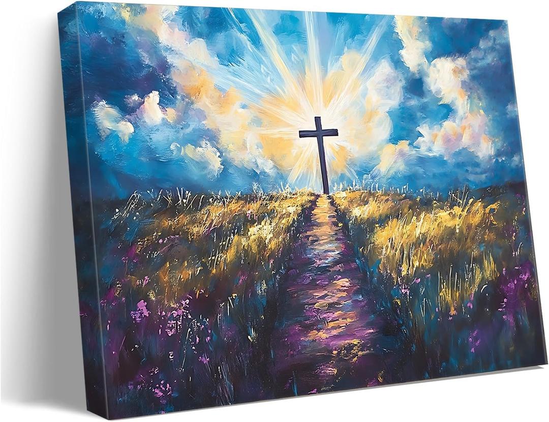 BingruiArt Christ Jesus Wall Art Christian Cross Canvas Navy Blue Decor Easter Painting Crosses Picture Print Poster for Prayer Room Living Room Bedroom Office Church Ready to Hang 12x16in Framed