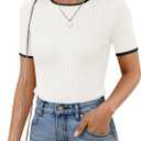 ZESICA Women's Summer Short Sleeve Ribbed Knit Slim Fit T Shirt 2025 Crewneck Basic Casual Color Block Tee Tops (Medium)