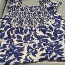 PATPAT Family Matching Outfits Boho Floral Print Square Neck Puff Sleeve Smocked Dress and Short Sleeve T-Shirts Matching Set (Small, Deep Blue)