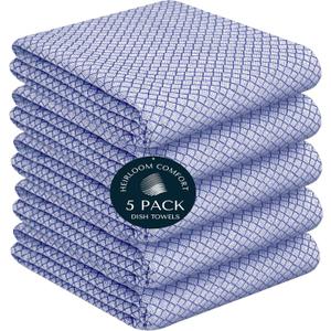 2 x Indigo Blue Honeycomb Kitchen Towels 5 Pack, 16x26 Inch, 100% Cotton, Quick Dry, Soft & Absorbent Dish Towels for Cleaning, Wiping, Kitchen Chores & Restaurant or Catering Use