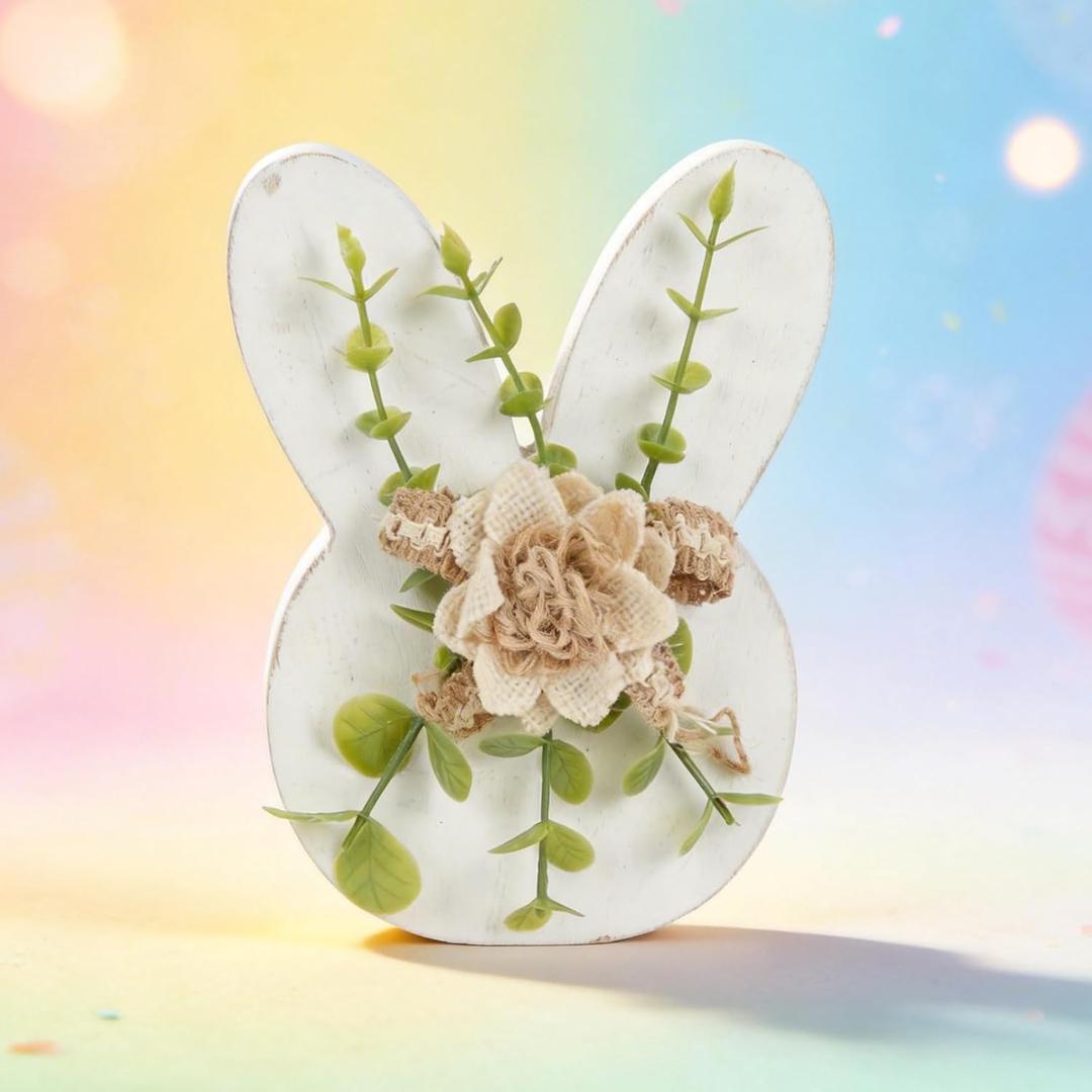Rustic Easter Bunny Wooden Table Decor with Flowers, Farmhouse White Rabbit Happy Easter Centerpiece Sign, Antique Wood Spring Party Tabletop Decoration, Cute Holiday Gift