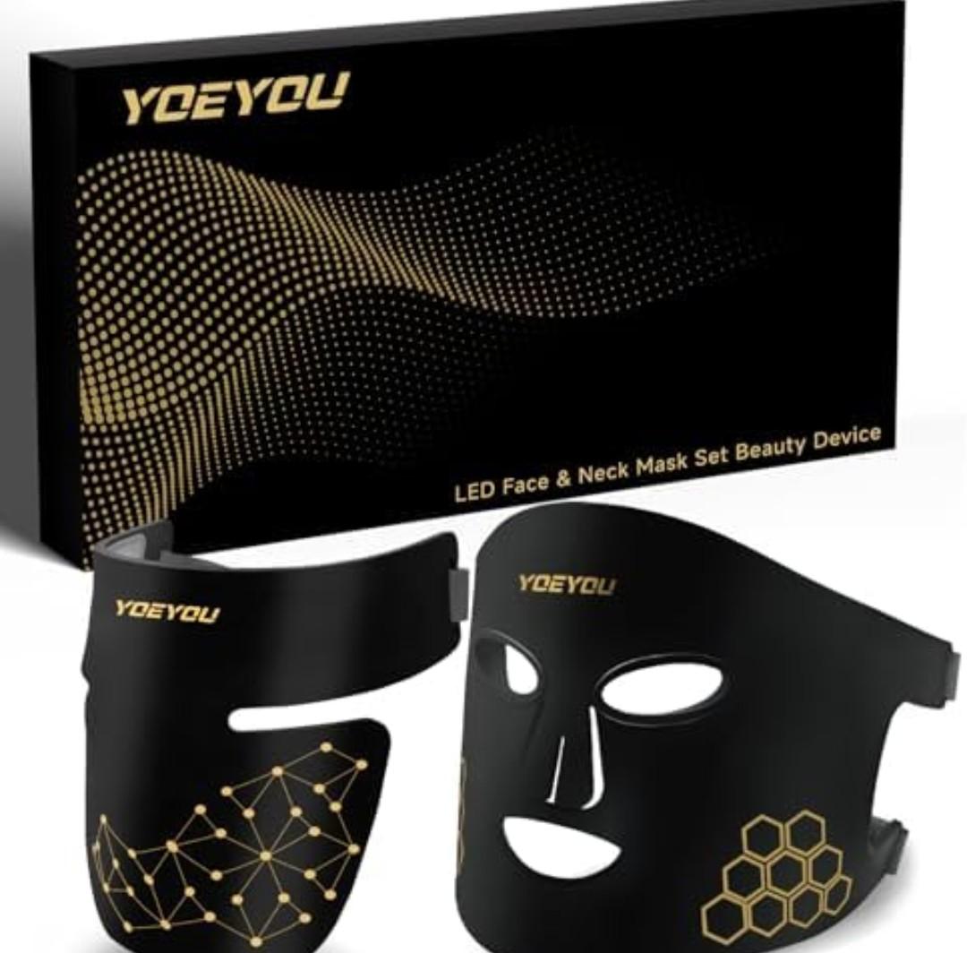 YOEYOU LED Face & Neck Beauty Mask, Red Light Therapy for Face & Neck, 4 Light Modes, Soft Silicone, 348 LEDs, Rechargeable Remote with Timer, Portable Cosmetic Skin Care Device for At-Home Glow