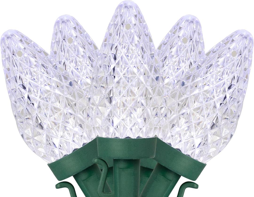 LED Faceted C9 Christmas Lights - Pure White - 67' Green Wire - 100ct